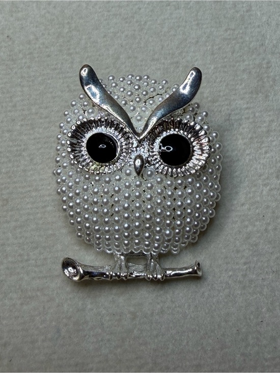 Jewelry - Pearl-Embellished Silver Owl Brooch - White